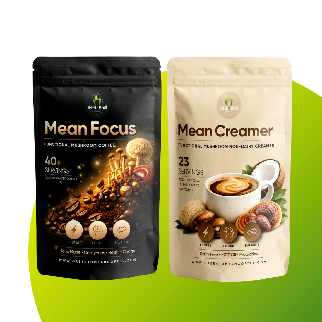 Mean Focus + Mean Creamer Mushroom Coffee Bundle | Green To Mean Coffee