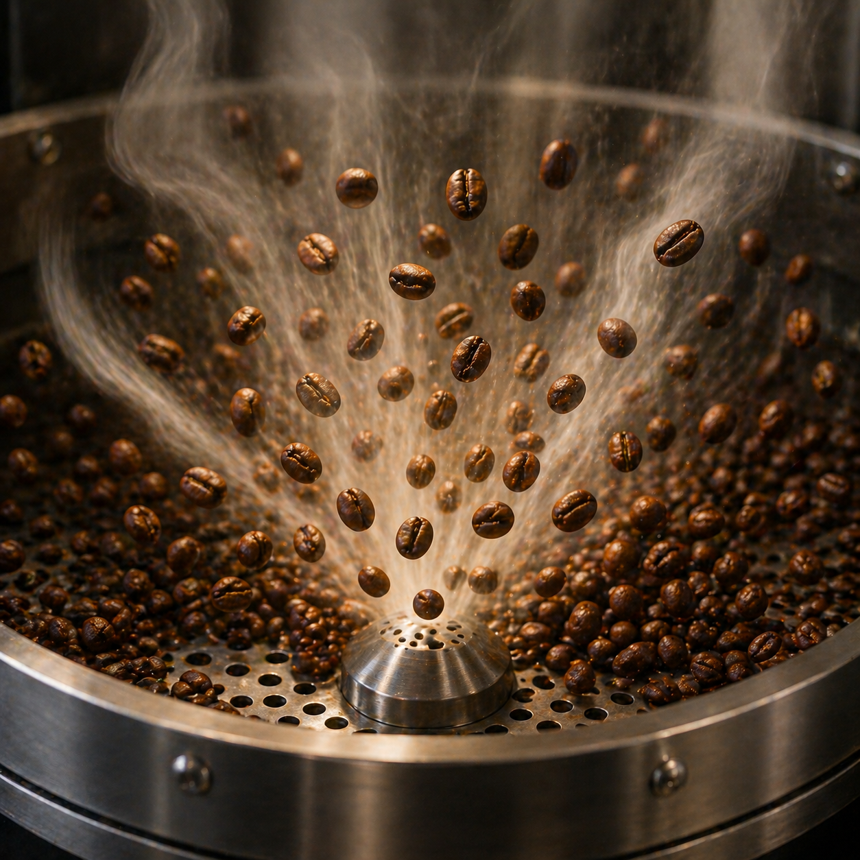 Fluid bed roasting coffee beans.